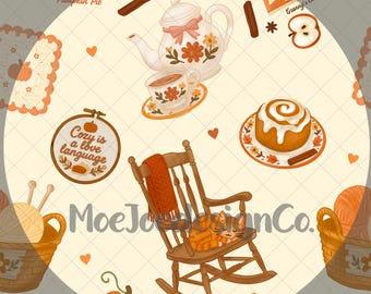 Grannycore Fall Seamless Pattern • Hand-Drawn Cozy Autumn Fabric • Vintage-Inspired Halloween & Harvest Print • PNG Transparent