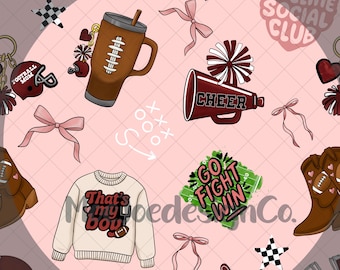 Football Mom Seamless Pattern: Girly Game Day Design (PNG Digital Download)