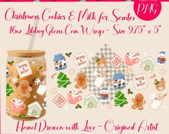 May include: A clear glass can wrap with a straw, filled with a beverage, and a wooden lid. The wrap features Christmas-themed illustrations of gingerbread men, houses, and snowflakes. Text on the wrap reads "Christmas Cookies & Milk for Santa".