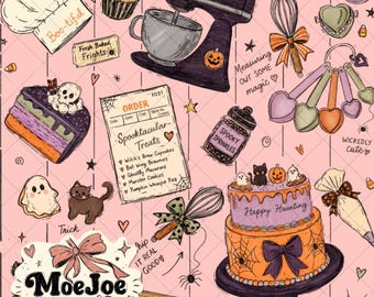 Halloween Bakery Seamless Pattern | Spooky Baking Digital Paper, Vintage Sketchbook Repeat (JPG, 300 DPI)