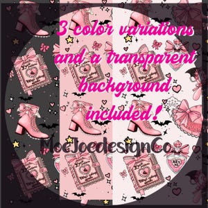 May include: A digital design featuring pink boots, spell books, and potion bottles with a transparent background. The design includes three color variations and is decorated with bats, hearts, and stars. Text includes "Love Potions" and "Other Cutesy Spells".