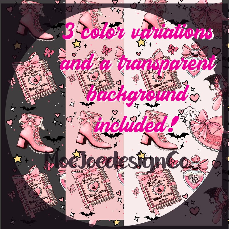 May include: A digital design featuring pink boots, spell books, and potion bottles with a transparent background. The design includes three color variations and is decorated with bats, hearts, and stars. Text includes "Love Potions" and "Other Cutesy Spells".