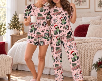 Frankly Festive Monster Christmas Pajamas, Retro Horror Holiday Set (Short or Long Pants)