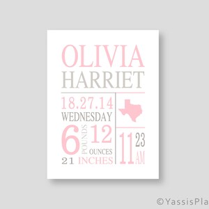 Baby Girl Birth stats print, Pink Gray wall art for nursery, Little Girl Birth Announcement personalized keepsake baby gift