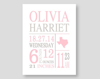 Baby Girl Birth stats print, Pink Gray wall art for nursery, Little Girl Birth Announcement personalized keepsake baby gift