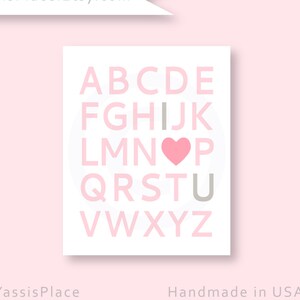 ABC I Love You Alphabet Heart Print, Baby Girl Nursery Wall Art Little Girls Bedroom Decor Sign, Baby Shower Decoration, Pink Gray
