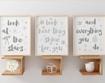 Celestial Baby Nursery Decor Moon and Stars Nursery Quote Prints Look at the stars Kids Wall Art Baby Gifts for Baby Grey and Beige Art 026