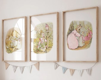 PETER RABBIT Pink Nursery Wall Art for Girls, Peter Rabbit Prints Beatrix Potter Baby Shower, Peter Rabbit Gifts Gallery Wall Prints (PR001)