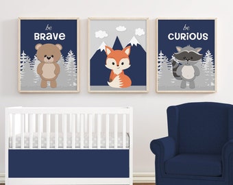Woodland Nursery Art Set – Navy, Gray Bear, Fox, Raccoon Prints (Prints or Canvas)