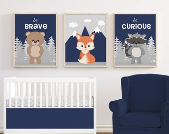 Woodland Nursery Decor boy - navy gray bear fox raccoon Woodland theme mountain wall Art - Baby Animal Prints or canvas Nursery art set of 3