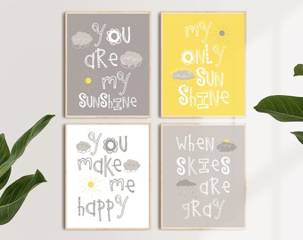 Sun and Clouds You are my sunshine nursery decor Prints or Canvas wall art set grey yellow  artwork Baby boy pictures for playroom set of 4