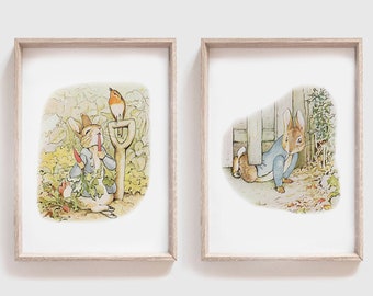 PETER RABBIT Nursery Wall Art Beatrix Potter Nursery Decor Storybook Baby Shower Theme Gift Set of 2 Prints or Canvas (PR-001)