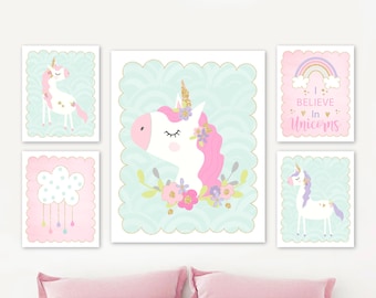 Unicorn Room Decor for Toddler Girl Bedroom, Unicorn Art Print or Canvas, Unicorn Birthday Decorations, Unicorn Rainbow Party Gift Set of 5