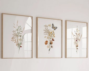 Boho Wildflowers Floral Art Prints, Set of 3 Prints, Canvas or Digital Files, Girl Minimalist Nursery Decor, Meadow Bloom Bouquet, Baby Room