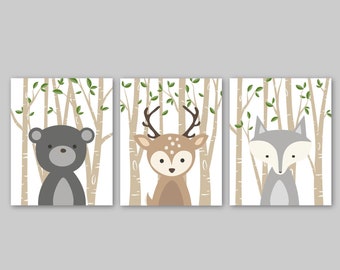 Woodland Nursery Decor Forest Animal Pictures Baby Animal Wall Art Bear Deer Wolf Forest Friends Prints Canvas Wraps or Digital Files 006-3a