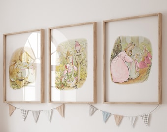 PETER RABBIT Pink Nursery Wall Art for Girls, Peter Rabbit Prints Beatrix Potter Baby Shower, Peter Rabbit Gifts Gallery Wall Prints (PR001)