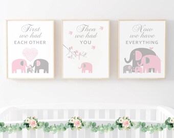 Pink Grey Elephant Nursery Decor Pictures Baby Girl and boy Nursery Art Print, First We Had Each Other Kid Wall Art big brother sister 164