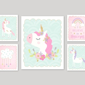 Unicorn Wall Decor Unicorn Bedroom Decor Girl, Unicorn Rainbow Decor, Unicorn Wall Art Girly, Set of 5 UNICORN CANVAS ART or Unicorn Prints