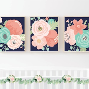 Navy Coral Aqua Large Flower Wall Decor Pink Floral Nursery Prints or Canvas Girl Floral Nursery Wall Art Kids Room Botanical Set of 3