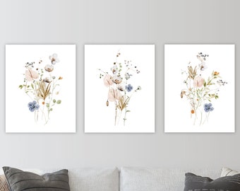 Botanical Floral Art Prints Farmhouse Wildflower Bouquet Set of 3 Watercolor Botanical Floral Wall Art Bathroom Decor Antique Dainty Flowers