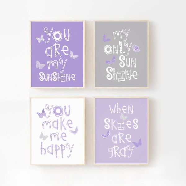 Baby Girl Nursery Decor, Purple Wall Art, You Are My Sunshine, Purple Gray Nursery, butterfly wall art, baby shower gift, Set of 4 NA-001