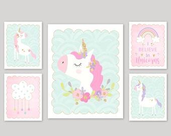 Unicorn Wall Decor Unicorn Bedroom Decor Girl, Unicorn Rainbow Decor, Unicorn Wall Art Girly, Set of 5 UNICORN CANVAS ART or Unicorn Prints