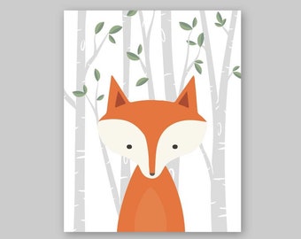 Fox Art Print, Orange Fox Illustration, Woodland Animals Posters, Forest Friends Home Decor Fox Poster Wall Hanging for Kids by YassisPlace