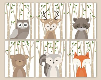 Forest Animals Nursery Art Woodland Nursery Decor Baby Room Wall Decoration Fox Deer Bear Squirrel Owl Raccoon Set of 6 PRINTS or CANVAS