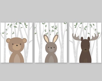 Woodland Nursery Art Forest Animals Woodland creatures Forest Friends Nursery Decor Woodland Animals Bear Rabbit Moose Set of 3