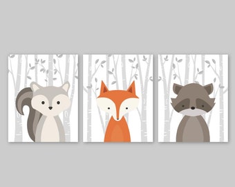 Woodland Animals Baby Boy Nursery Wall Art Decor Forest Friends Baby Room Art Animal Fox Squirrel Raccoon
