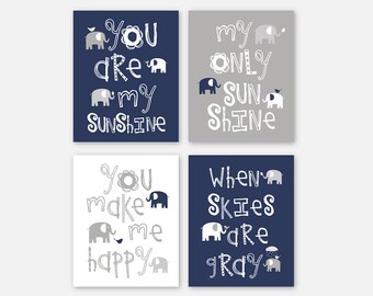 Elephant Artwork, Navy Blue Gray Elephant Art Prints, Navy Blue Wall Art, You are my sunshine, Elephant Baby Gift, Set of 4 PRINTS
