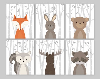 Woodland Animal Prints or CANVAS Baby Boy Nursery Decor Forest Friends Bedroom Wall Art Pictures Fox Bear Squirrel Moose Raccoon Set of 6