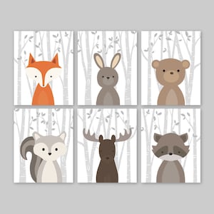 Woodland Animal Prints or CANVAS Baby Boy Nursery Decor Forest Friends Bedroom Wall Art Pictures Fox Bear Squirrel Moose Raccoon Set of 6