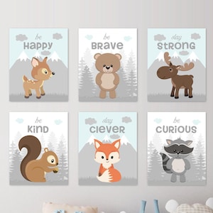 Woodland Animals Quotes Nursery Decor, Forest Creatures Baby Boy Room Wall Decor, Tree Mountains wall art Nordic, Set of 6 PRINTS or CANVAS