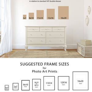 May include: A guide to suggested frame sizes for photo art prints. The image shows a white dresser with a variety of print sizes displayed on it. The suggested frame sizes are listed below the dresser, with the print size and frame size listed for each.
