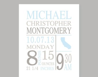 Baby boy birth announcement, nursery decor, boy birth art print, home state name, baby birth print, baby stats, baby boy nursery decor
