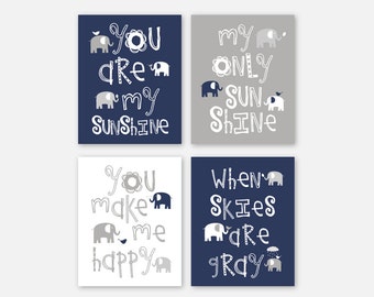 Boy Elephant Wall Art for Nursery, Navy Blue and Gray Boy Bedroom Decor, Canvas or Prints Boy Nursery Prints Gift Set of 4 by YassisPlace