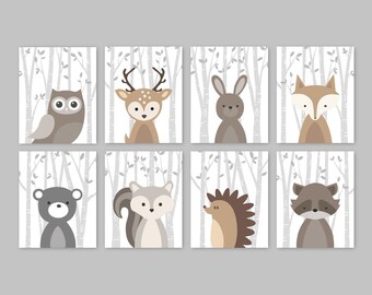 Woodland Animal Nursery Prints, Forest Decor Set of 8 (Prints or Canvas)