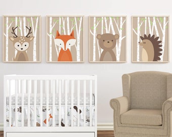 Woodland Animals Nursery Print Set, Forest Creatures Wall Art