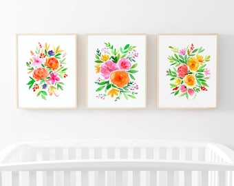 Watercolor Flowers, Nursery Wall Decor, Floral arrangements, Bedroom Wall Decor, Botanical Greenery, Living Room Wall Art, Set of 3