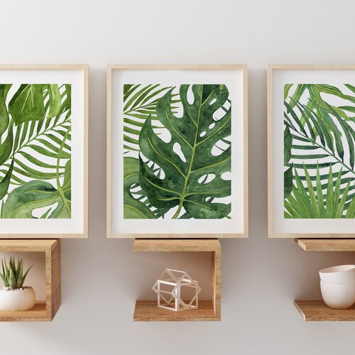 Monstera Leaf Print Set, Banana Leaf Tropical Bedroom Wall Art Decor, Watercolor Ferns Green Bathroom Decor CANVAS or PAPER PRINTS, Set of 3