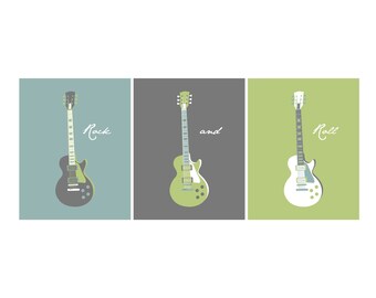 Guitar Wall Art, Music Nursery Theme Blue and Lime Green Baby Decor, Rock and Roll Decoration, Set of 3 Prints Canvas Printable