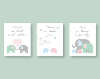 Twin Elephants Wall Art Prints or CANVAS, boy girl twins, Pink Blue Green Nursery Decor, Baby Room Wall Art, First we had each other Saying