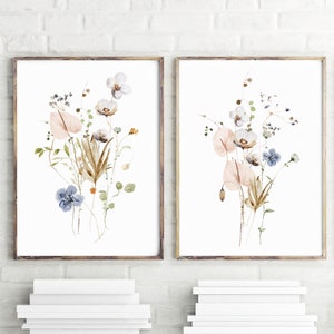 Watercolor Flower Wall Art, Wildflower Art Prints, Digital or Canvas Set of 2, Watercolor Floral Print Set, Botanical Nursery Decor Wall Art