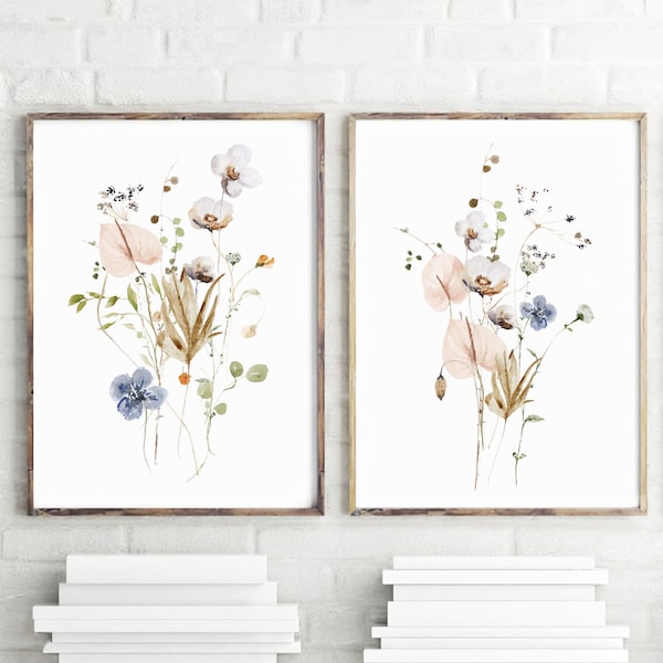 Watercolor Flower Wall Art, Wildflower Art Prints, Digital or Canvas Set of 2, Watercolor Floral Print Set, Botanical Nursery Decor Wall Art