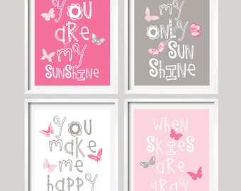 Butterfly Nursery Print or Canvas - You Are My Sunshine - Pink and Grey with BUTTERFLIES - wall art, baby shower gift, boy and girl colors