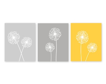 Dandelion Wall Art, Gray Yellow Bedroom Pictures Bathroom Artwork, Bedroom Pictures, Flower Wall Art, Dandelion Set of 3 Home Decor Signs