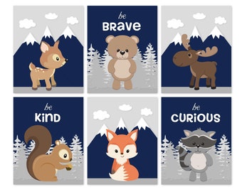 Woodland Animals Nursery Art, Mountains, Set of 6 (Prints or Canvas)