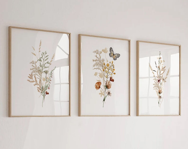 Boho Wildflowers Floral Art Prints, Set of 3 Prints, Canvas or Digital ...