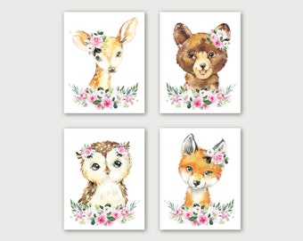 Woodland Animal Nursery Print Set of 4 or Printable or Canvas, Pink Floral Woodland Animals Wall Art, Baby Girl Watercolor Illustrations